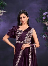Purple Crape Satin Silk Embroidered Ready to Wear Saree